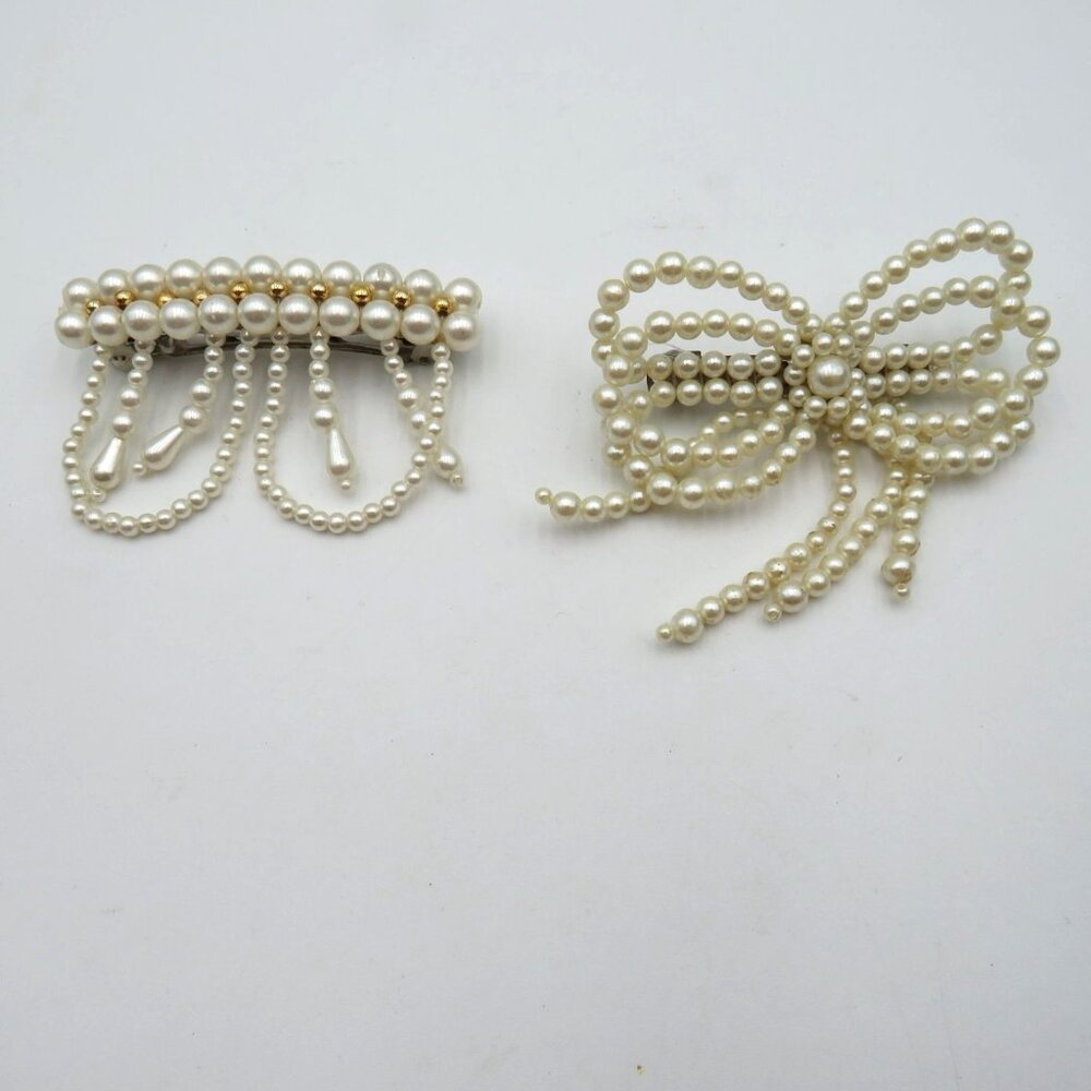 Vintage Set Imitation Pearl Hair Clips Set Bar with Gold Tone Beads Bow